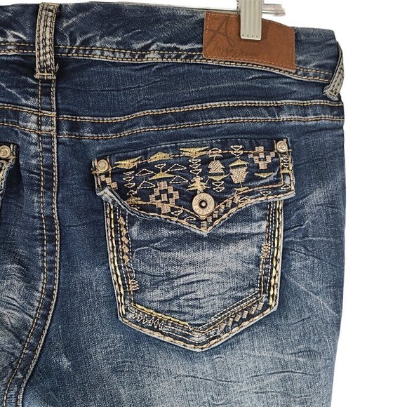 Arya Jeans Embroidered Flap Pockets 90s Y2K Flared Stretch Mid Rise Denim 35X32 - Picture 1 of 12